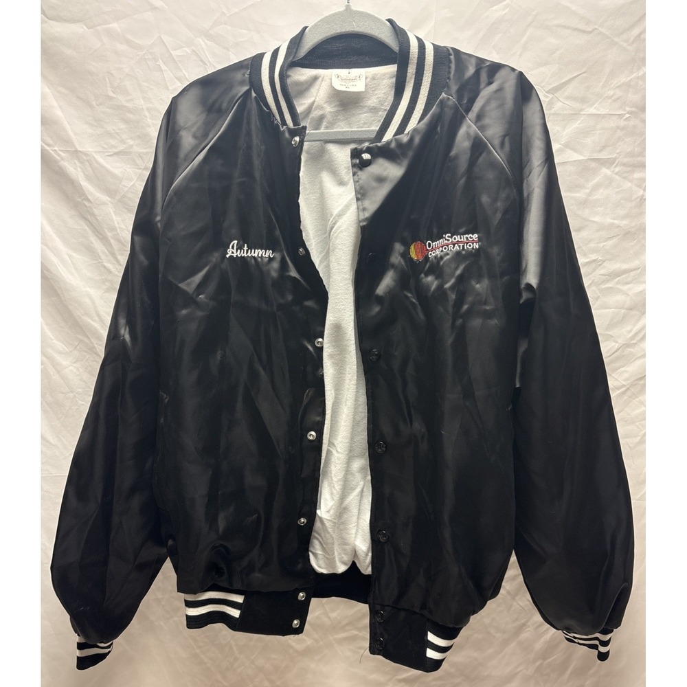 Vtg OmniSource Corporation Bomber Jacket Black Embroidered Workwear Snaps